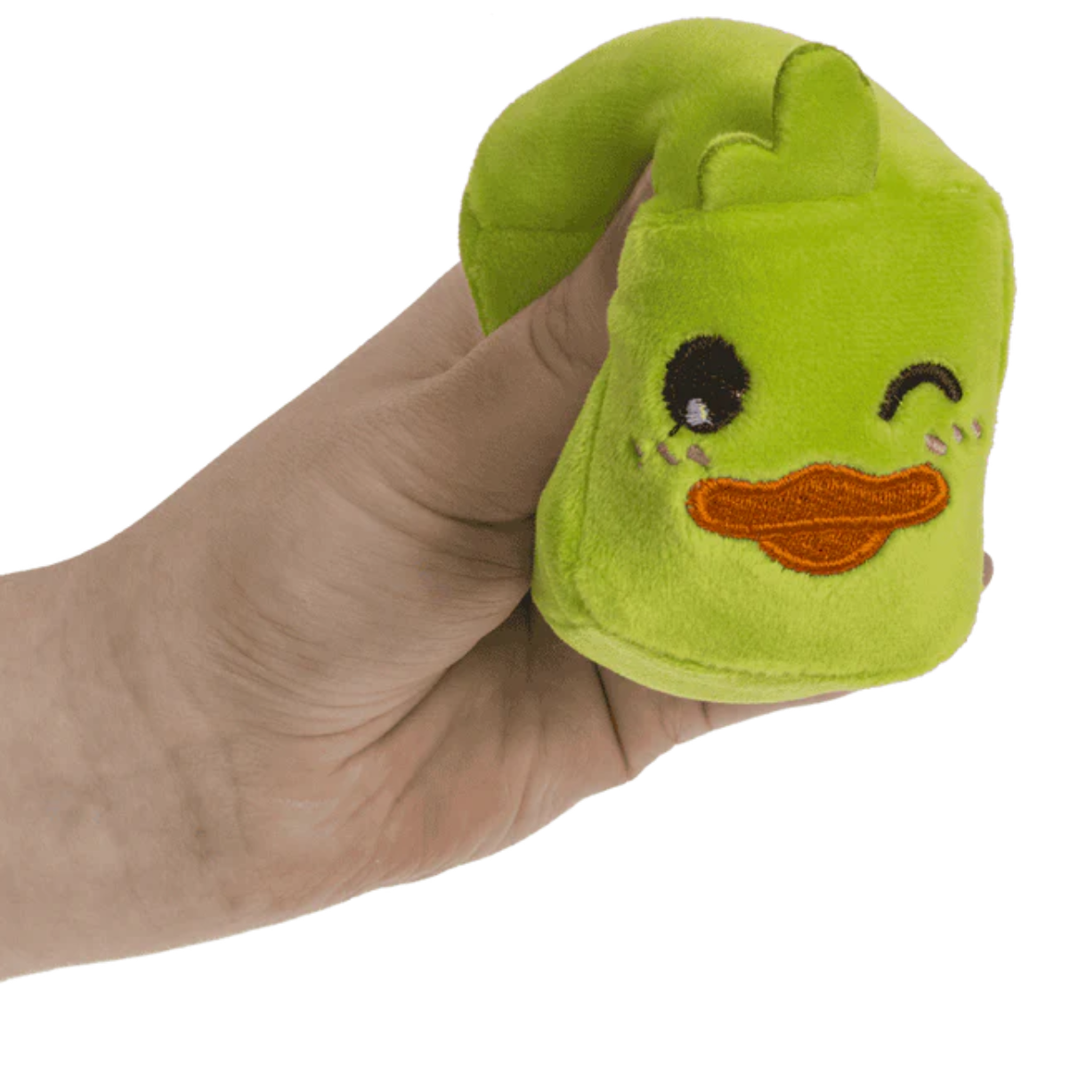 Hand drückt Sqishy Ente