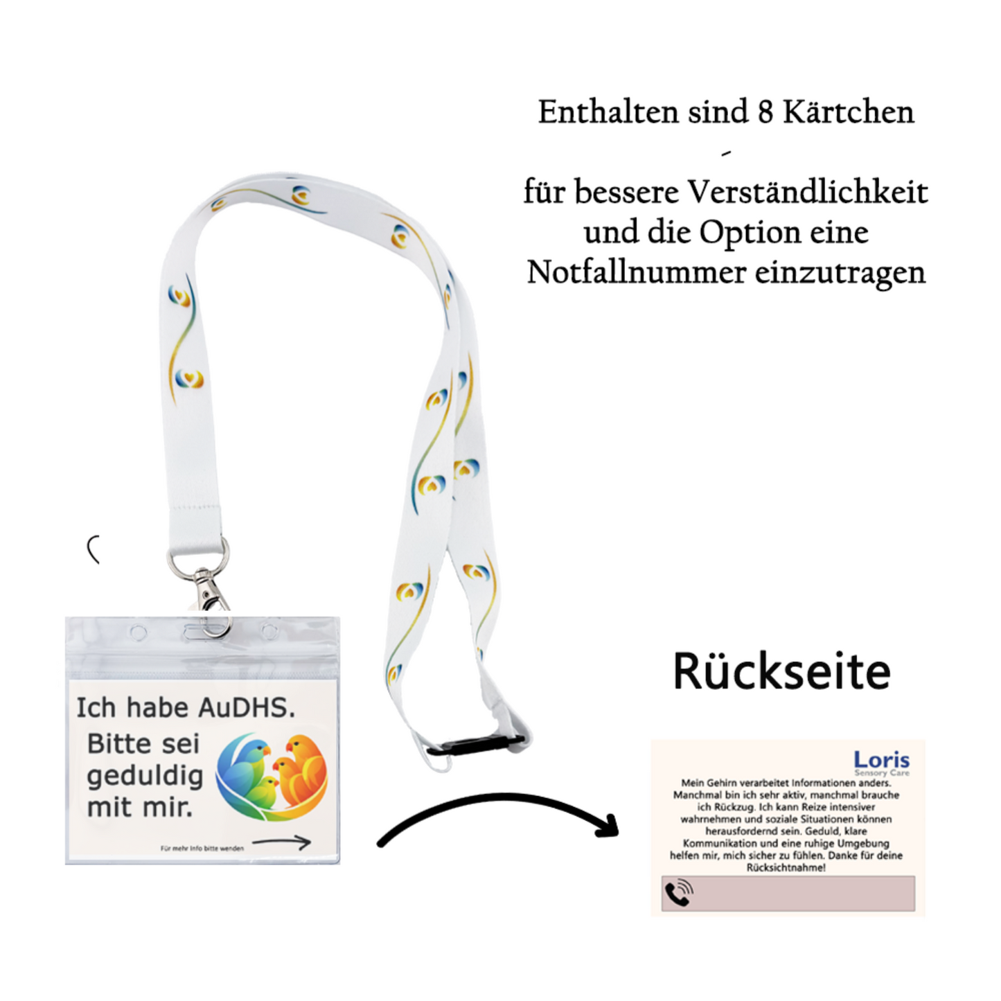 Schlüsselband mit Text inklusiv 8 Karten
