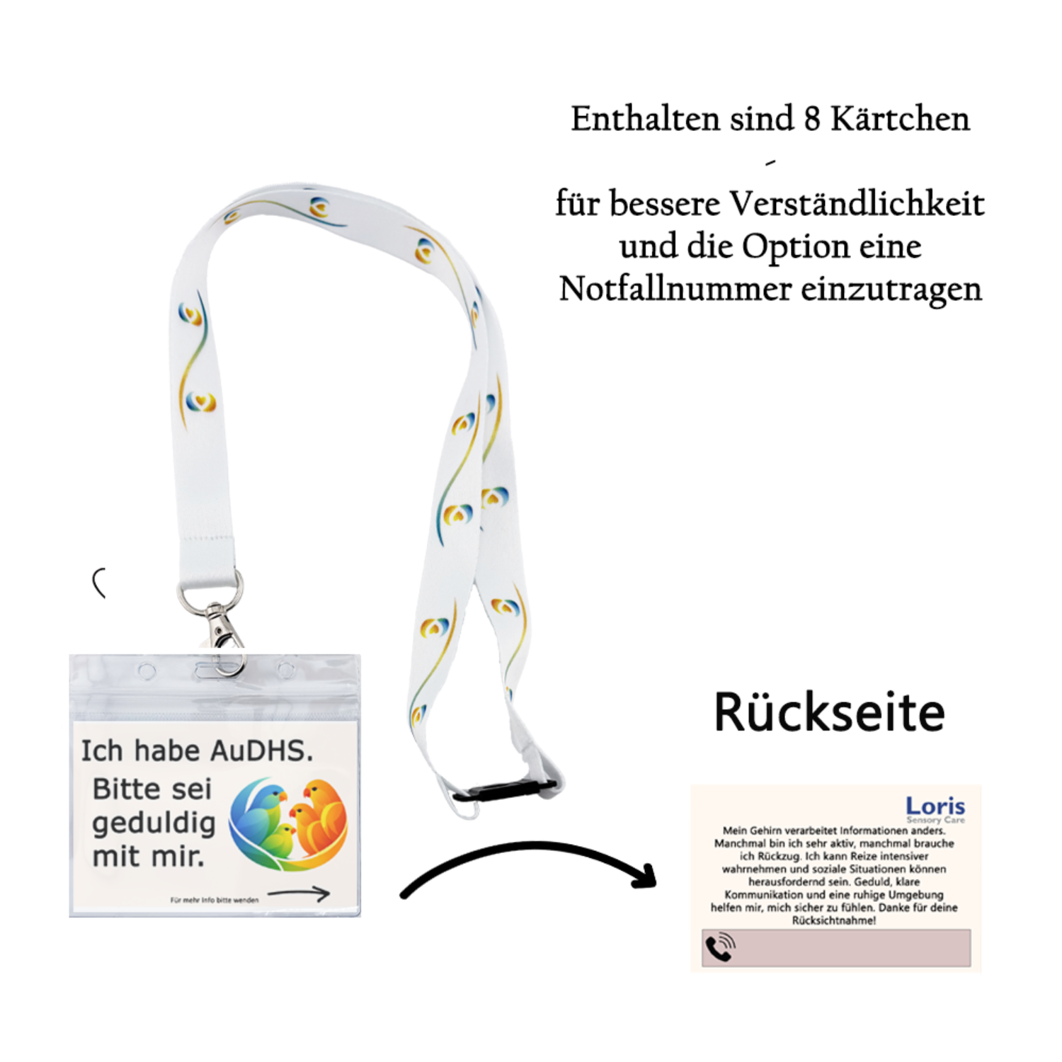 Schlüsselband mit Text inklusiv 8 Karten